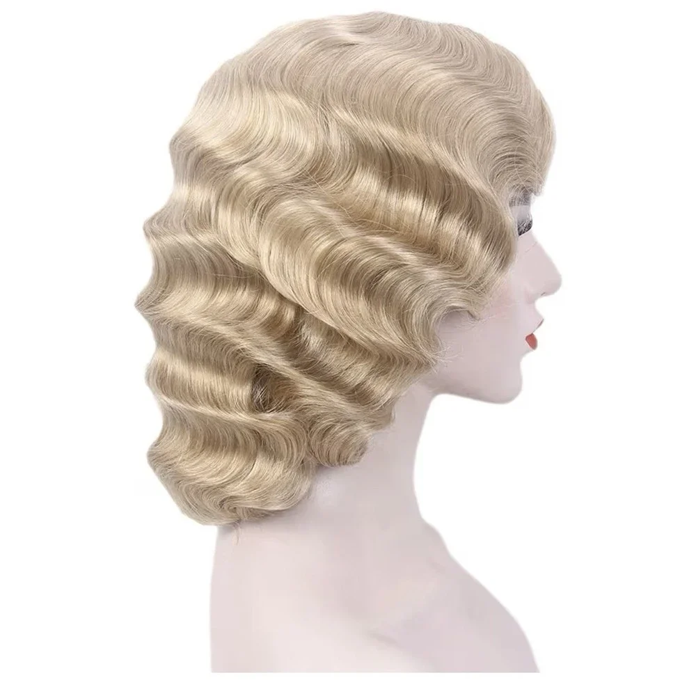 Medisifa Finfer Wave Wig 1920s Retro Mid Long Curly Synthetic Hair Blonde
